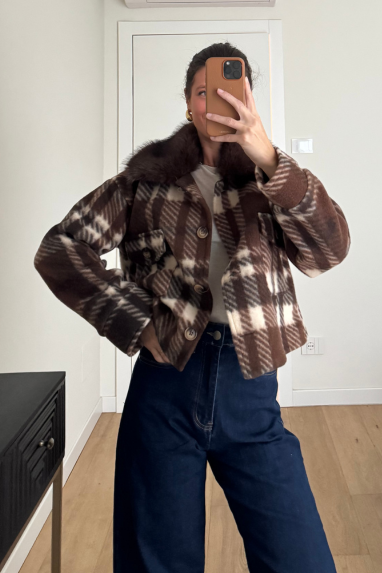 Giacca tartan collo eco pelliccia