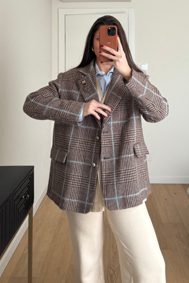 Giacca macro check contrasto azzurro