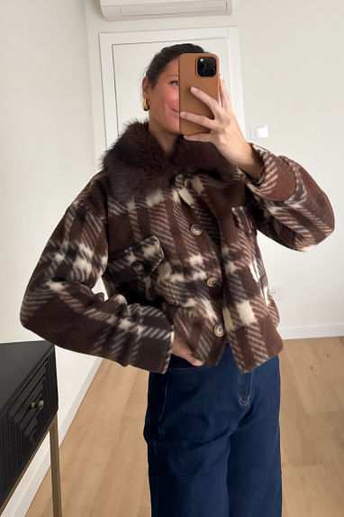 Giacca tartan collo eco pelliccia