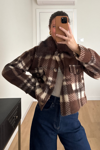 Giacca tartan collo eco pelliccia