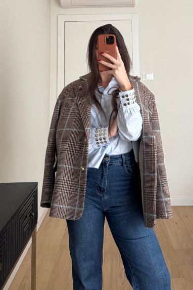 Giacca macro check contrasto azzurro